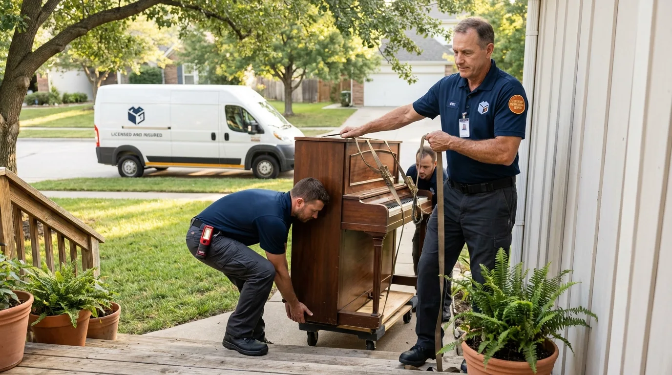 Licensed piano movers securing grand piano in Galena, KS