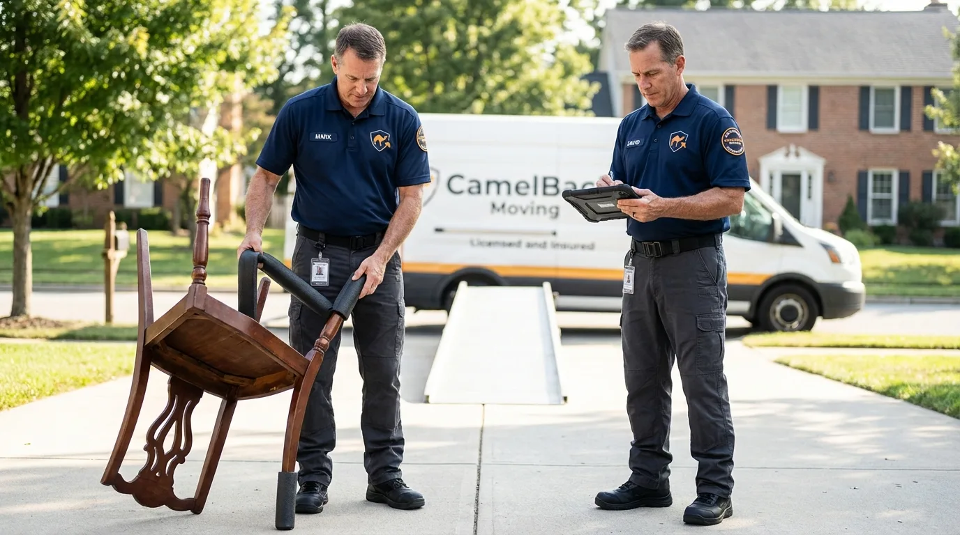 Movers inspecting furniture for damage prevention before loading in Galena, KS