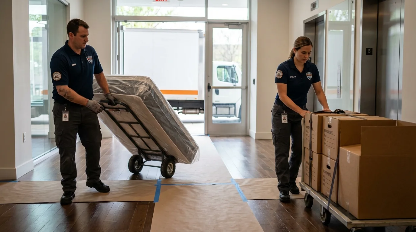 Professional apartment movers loading elevator in Galena, KS