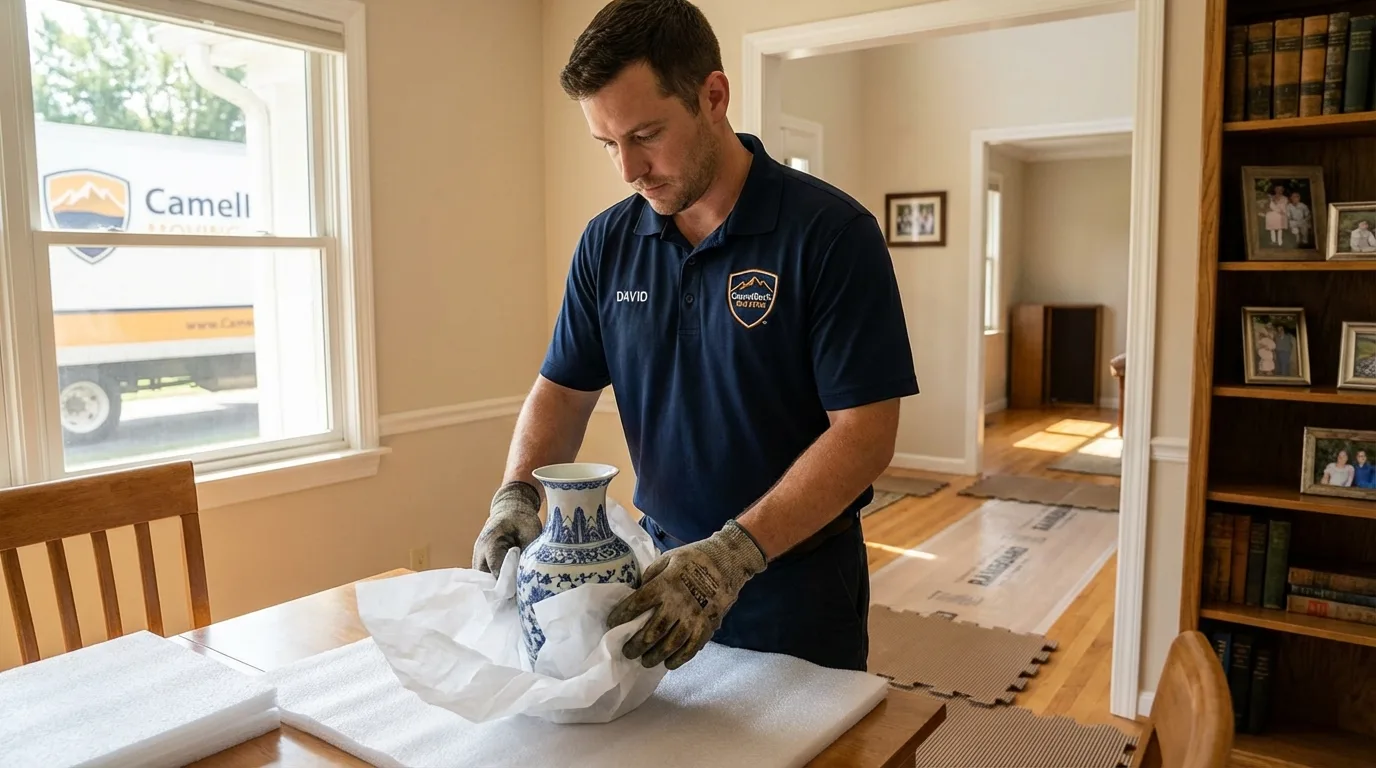Professional crew carefully wrapping antique vase for senior downsizing move in Galena, KS